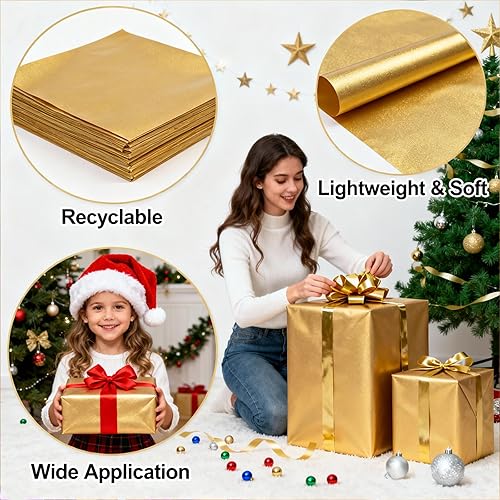 Miniatura 3 de Papel de seda dorado para bolsas de regalo, 25 hojas, 20 x 20 pulgadas, papel de regalo reciclable para Navidad, bodas, cumpleaños, decoraciones de