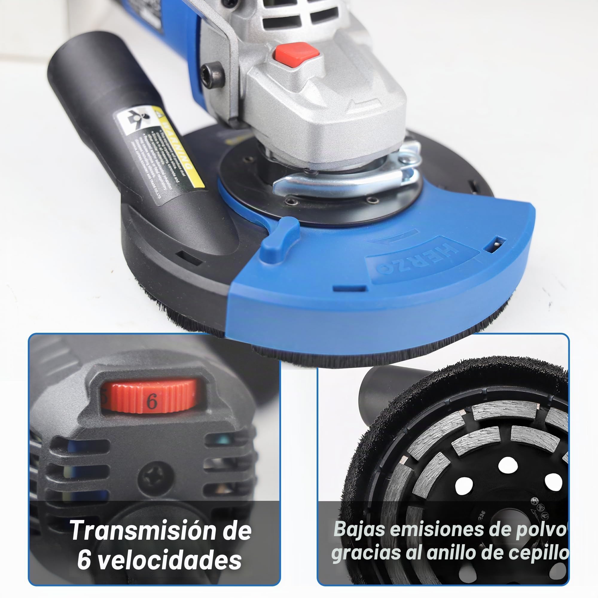 Amoladora Angular,HERZO Lijadora de Hormigón 1400W,Juego de trituradora de hormigón 125mm, 6 niveles de velocidad, campana de extracción (125mm)