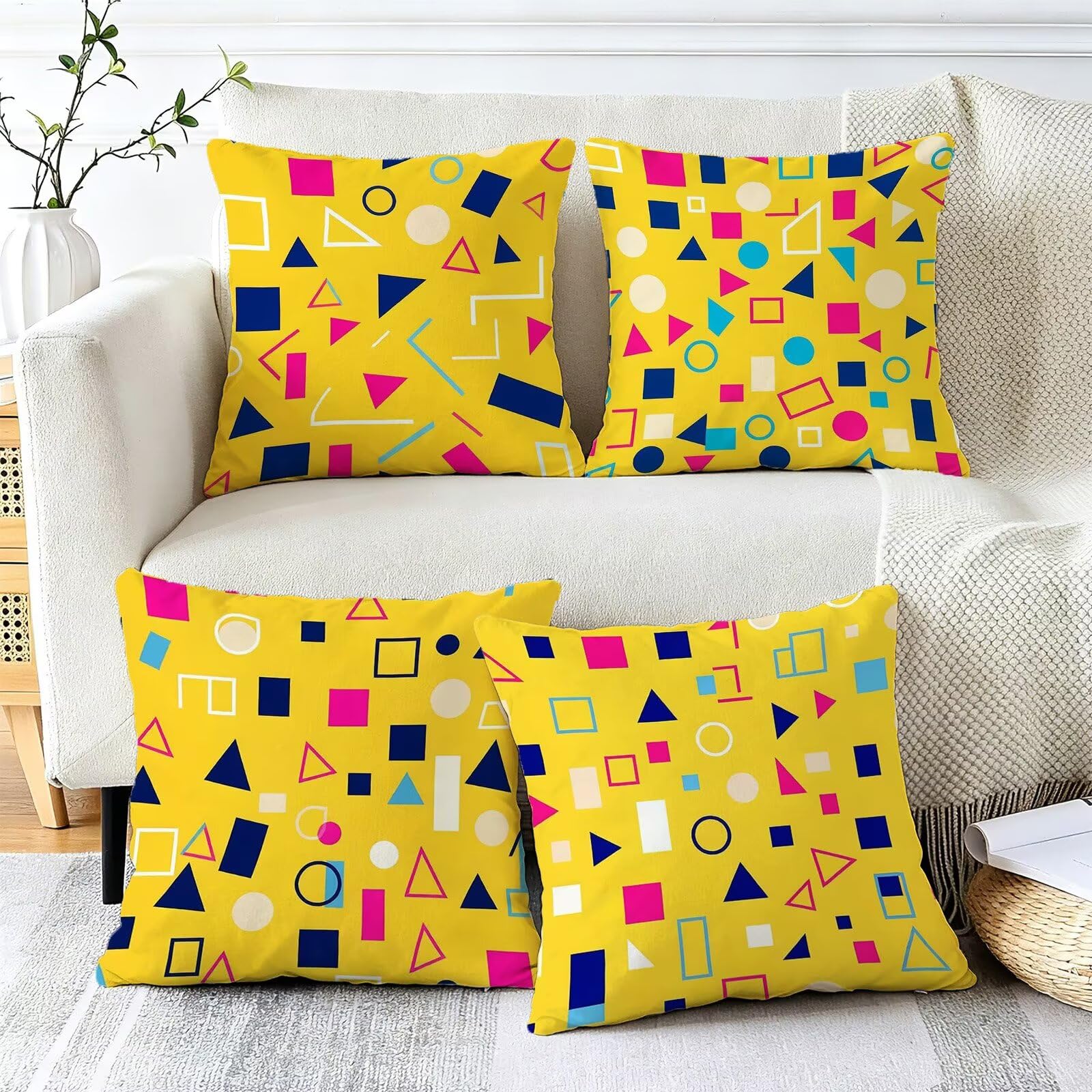 Giallo Federe Cuscini Divano 50x50cm, Cuscini da Esterno Set de 4, Cod-113 | Velour Copricuscini Decorativi Letto Arredo, per Letto, Soggiorno, Giardino, Esterno, Casa Decorazione Set di 4 Geometria