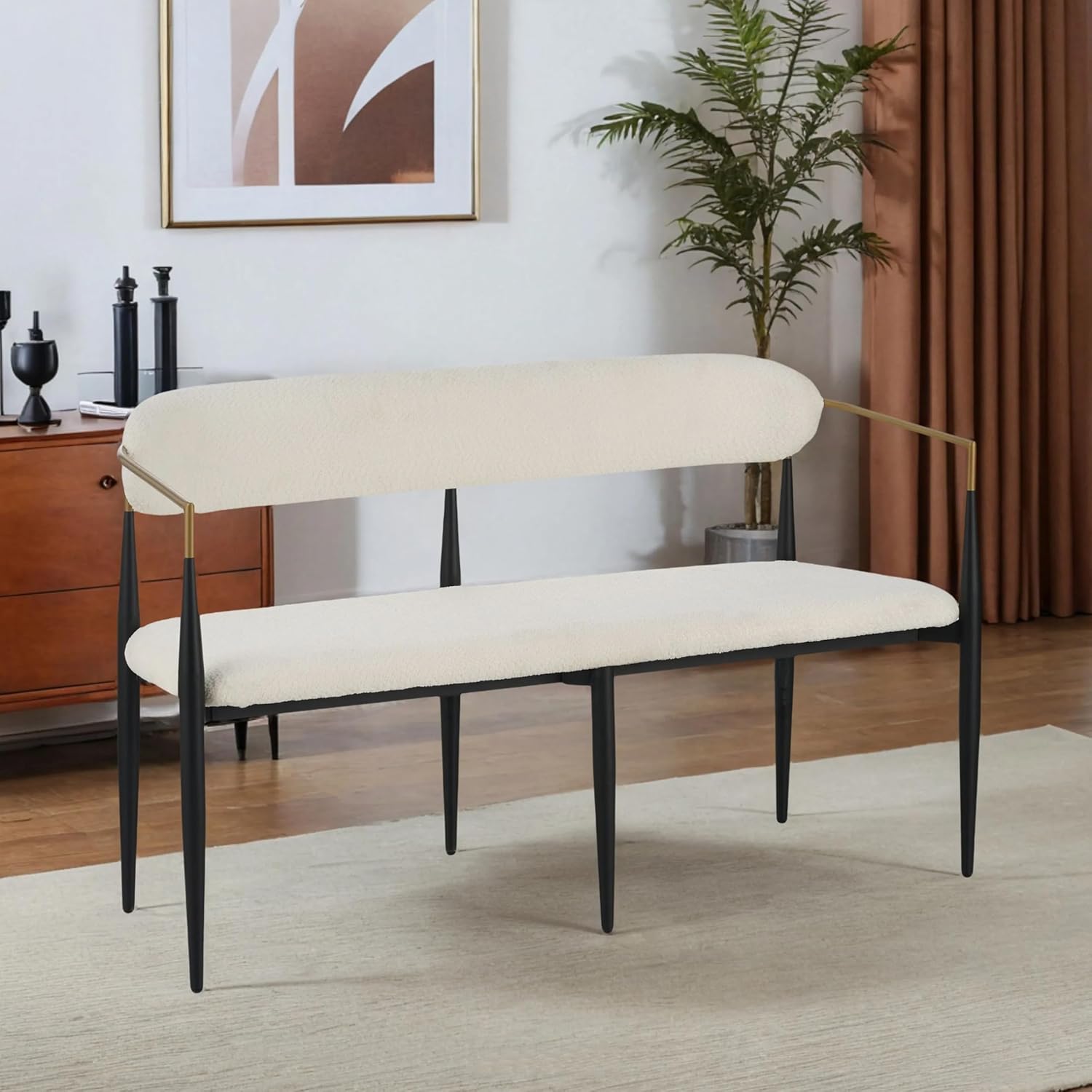 Christopher Knight Home Names Modern Metal Loveseat, Living Room Boucle Fabric Upholstered Settee, Curved Open Backrest 2-Seater Sofa, Cozy Couch for Bedroom/Apartment/Home Office, Black+ Gold + Beige