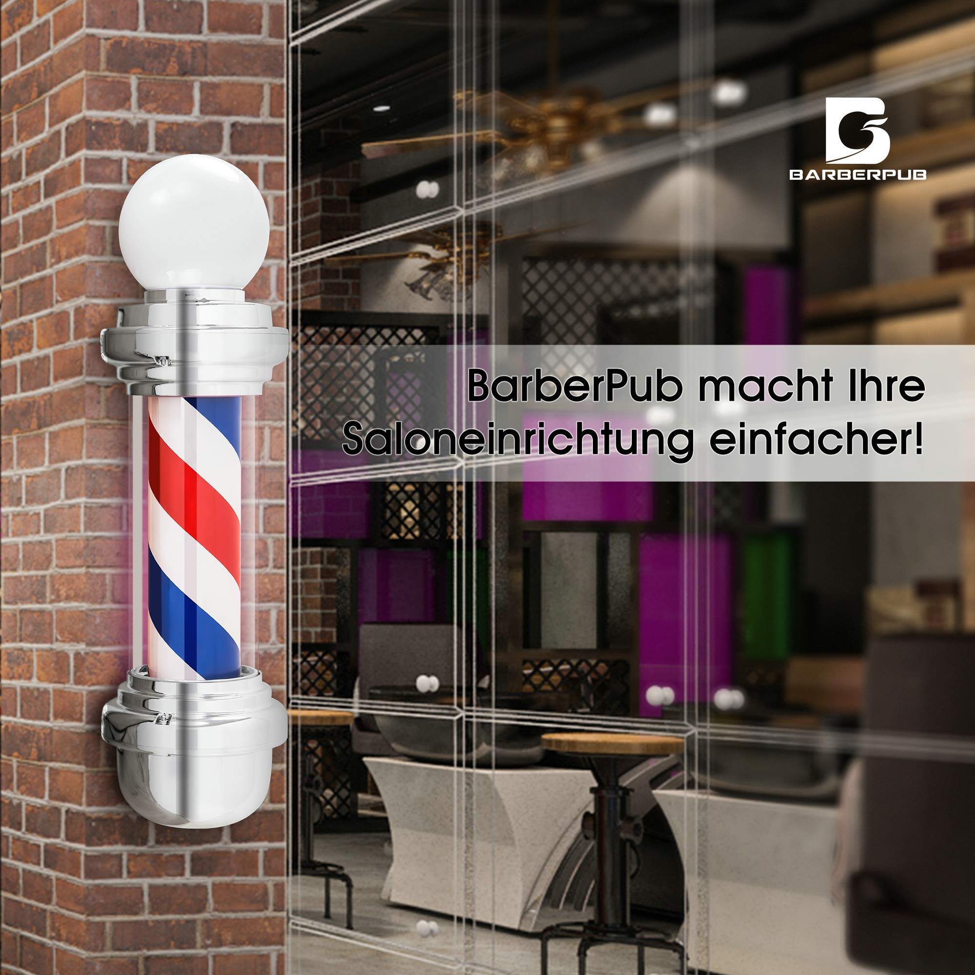 Barberpub Barber-Pole Barbierstab Friseurstange mit LED-Kugelleuchte Salon Einrichtung, Drehbar, klassisch rot-weiß-blaue Säule Barbershop-Säule, Energieklasse G