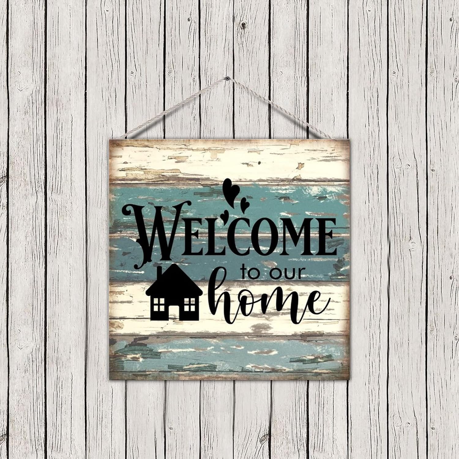 Rustic Farmhouse Wood Sign Plaque Front Door Sign Welcome to Our Home Nostalgic Wood Wall Pediment Wall Pediment for Front Door Porch Wall Hanging Decoration Home Accent 12x12in