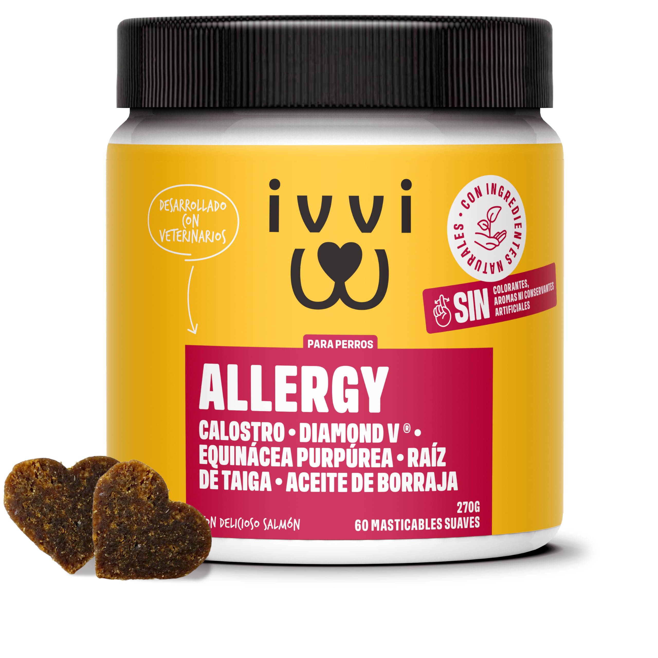 ivvi Allergy para Perros contra alergias y picazón para un Sistema inmunológico Saludable - con calostro, Equinácea Purpúrea, raíz de Taiga y Aceite de borraja - 60 Snacks (270g) con Sabor a salmón