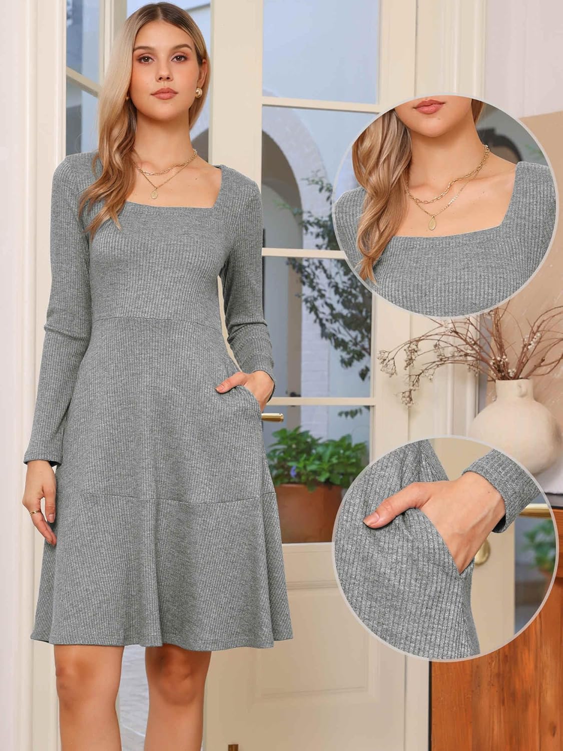 Allegra K Knit Sweater Dress for Women Fall Casual Square Neck Long Sleeve A Line Dresses with Pockets - Image 2