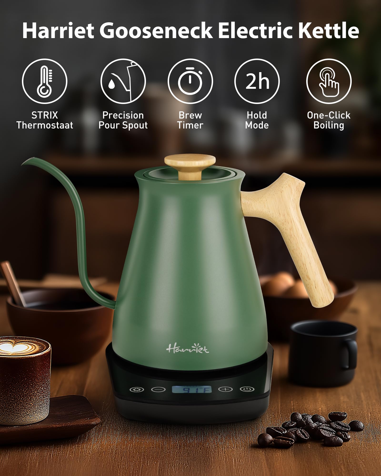 Harriet Gooseneck Electric Kettle with Temperature Control & Bult-in Timer - 1200W Fast Heating, 0.8 Liter, Wood Handle, Stainless Steel Electric Water Kettle for Pour Over Coffee and Tea, Green