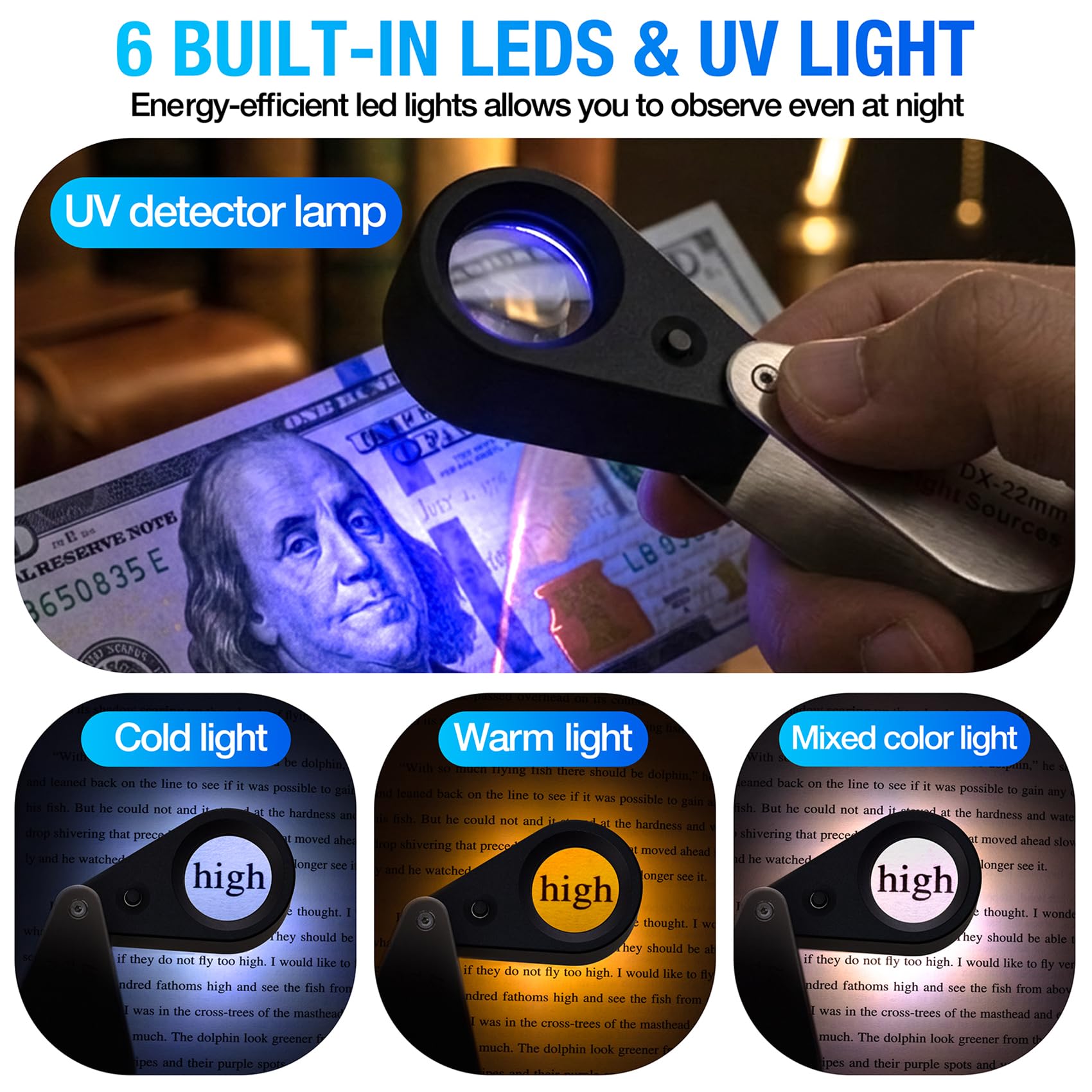 COYLAPY Lot de 20 loupes de bijoutier rechargeables avec lumière LED et UV, 4 modes réglables, lentille en verre triplet de 21 mm pour bijoux, diamant, pièce de monnaie, inspection antique