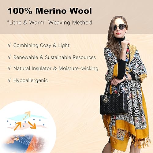 Miniatura 73 de DANA XU Manta de pashmina extragrande 100% de lana merina, bufanda de viaje, bufanda de cachemira para mujer, otoño e invierno, chal de gran