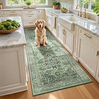 Sage Green 2x6 Hallway Runner Rugs, Non-Slip Vintage Rug for Kitchen | Machine Washable; Stain Resistan; Low Pile; Foldable; Soft Boho Long Floor Carpet for Bedroom Beside Laundry Room Bathroom