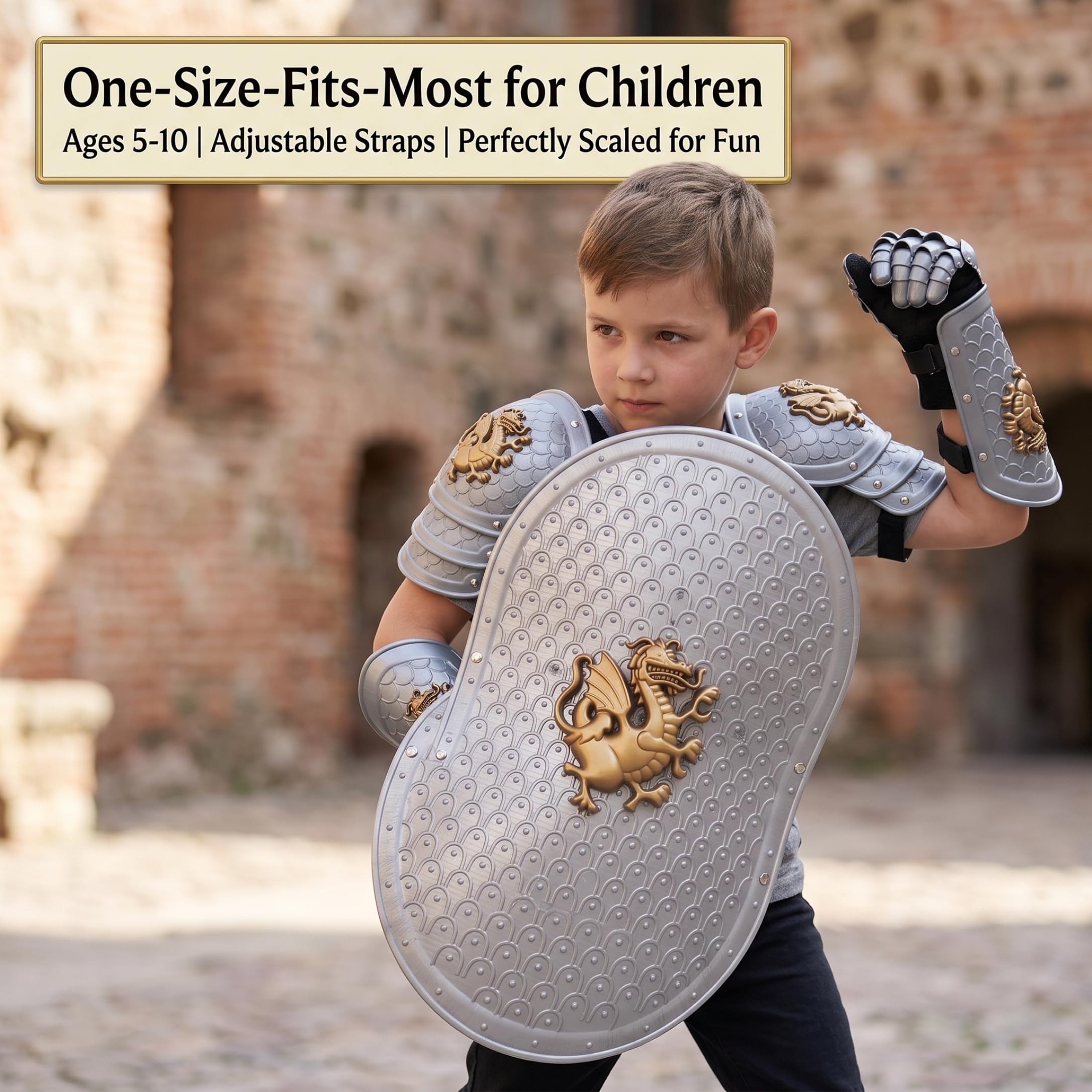 Mittelalterliches Schild-Set für Kinder – Wikinger-Krieger-Drachen-Ritter-Kostüm für Kinder mit Schulter- und Handgelenkschutz, Silber, Kindergröße