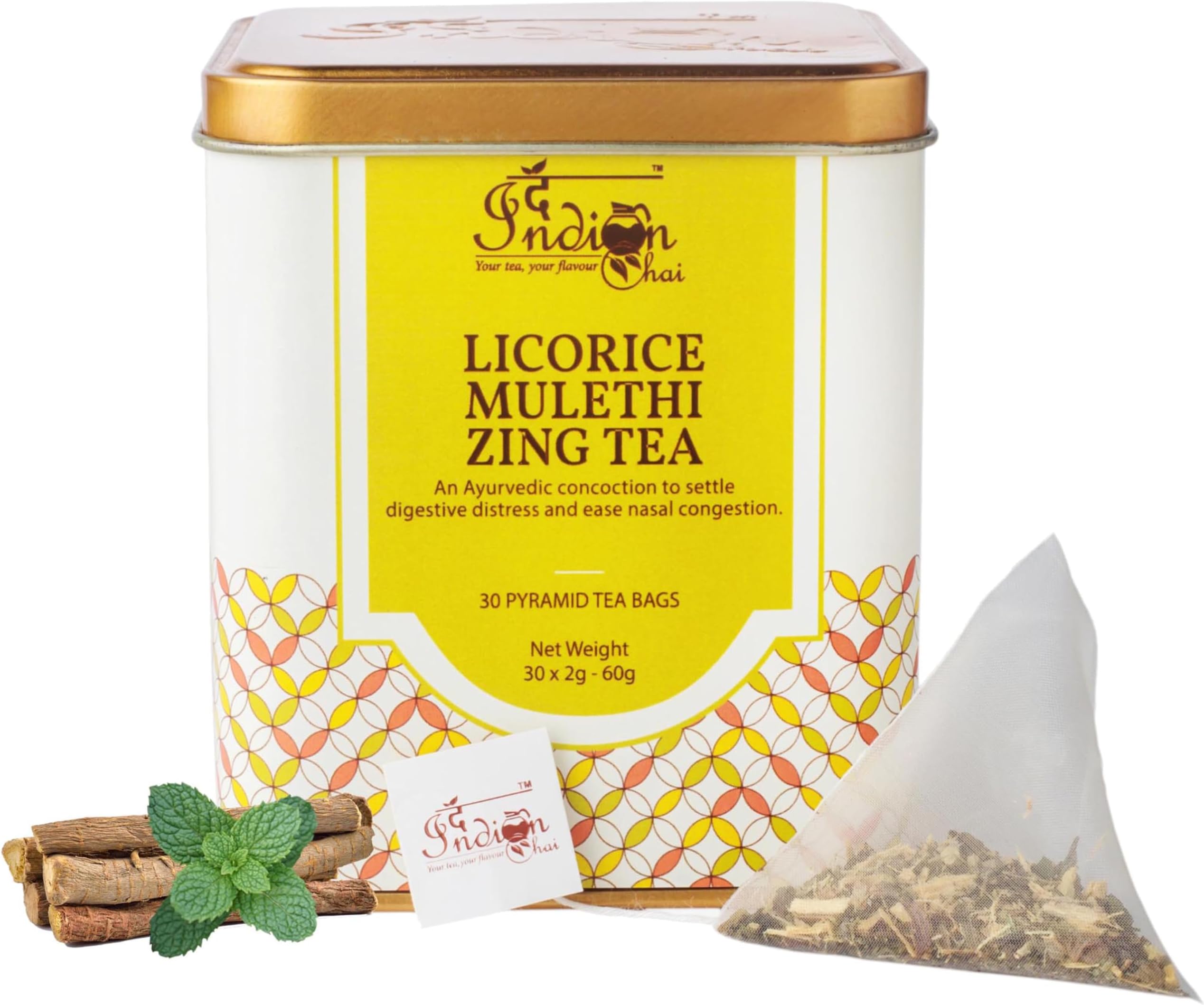 The Indian Chai - Licorice Mulethi Zing Tea 30 Pyramid Tea Bags for Immunity and Stress