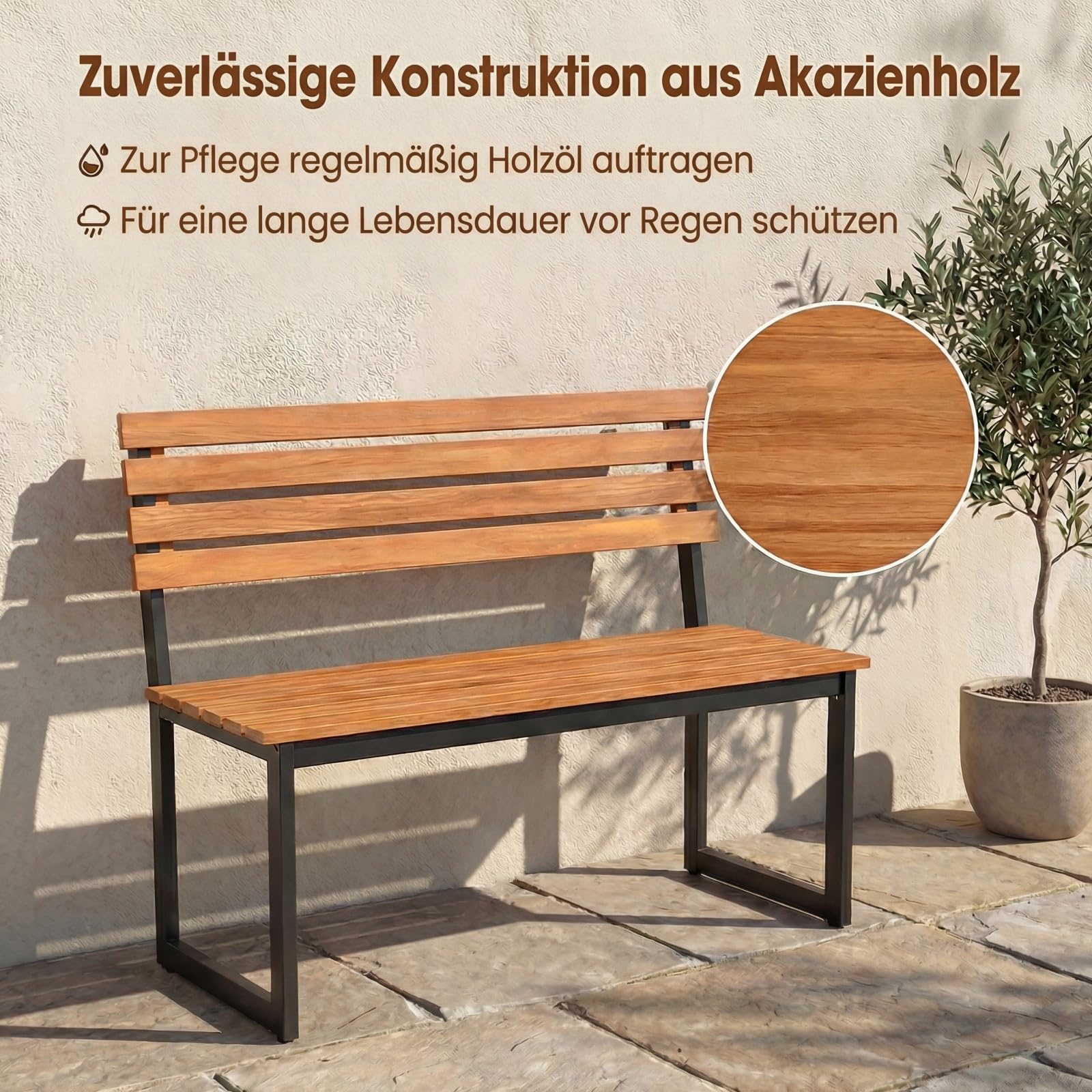 DREAMADE Gartenbank Holz, 2-Sitzer Holzbank wetterfest, Sitzbank Outdoor aus Akazienholz mit Metallrahmen, Balkonbank bis 360 kg belastbar, Parkbank für Garten, Balkon, Terrasse (Ohne Lehne)