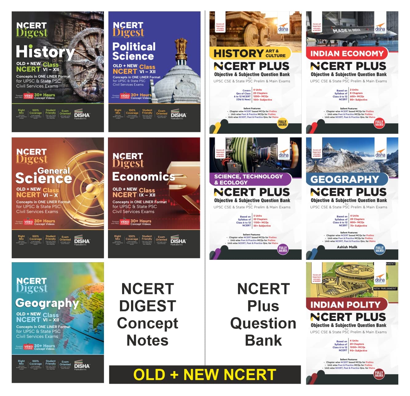 Combo (set of 10 Books) NCERT Digest Concepts in ONE LINER Format & NCERT Plus Question Bank for UPSC & State PSC Civil Services History, Political Science, Economics, General Science & Geography with 150+ Hours Video Course | Notes & Solved Objective & Subjective Problems for IAS Prelims & Mains Foundation | Books with a seamless integration of Old & New Class VI – XII NCERT Books |