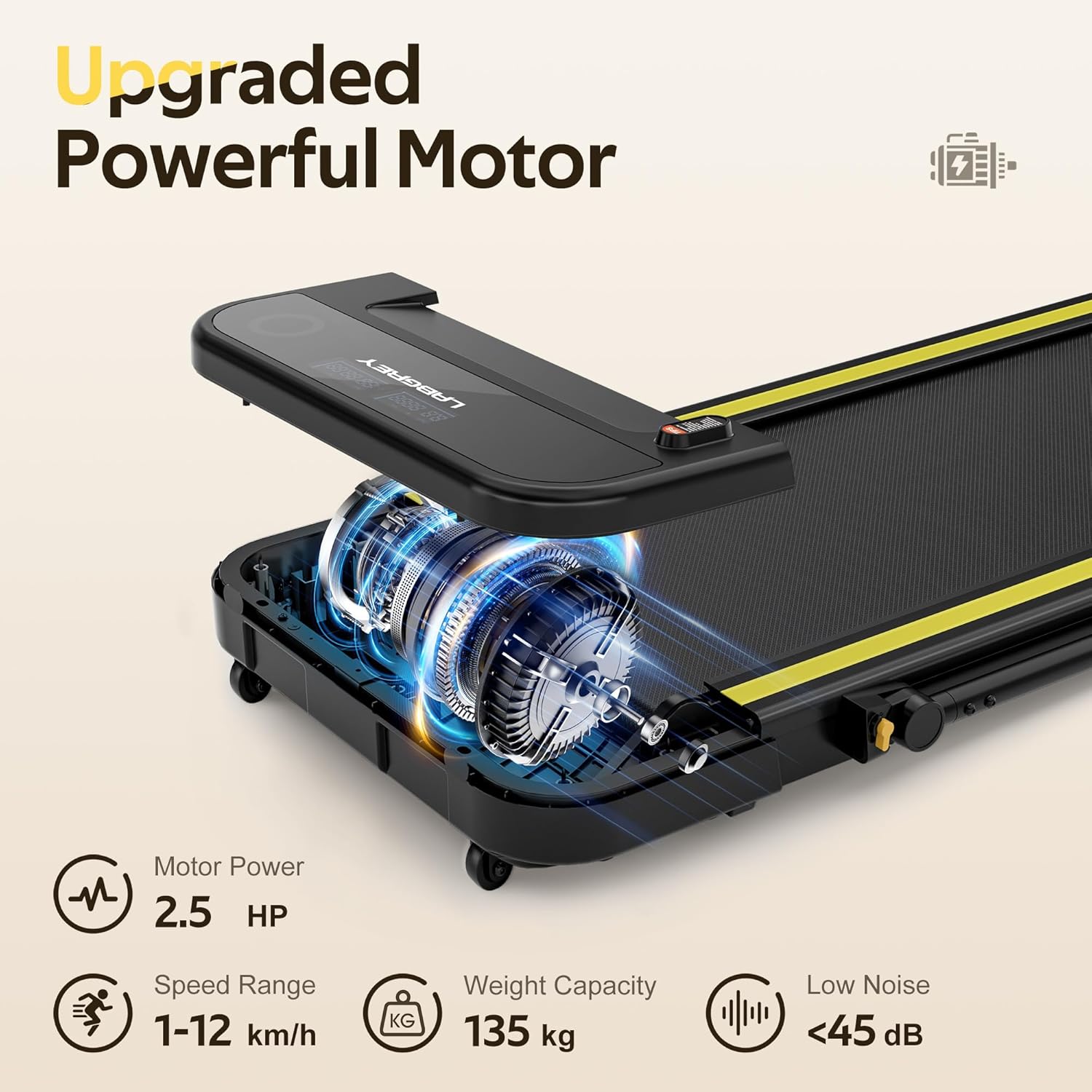 LABGREY T1 treadmill showing motor power, speed range, weight capacity, and low noise level