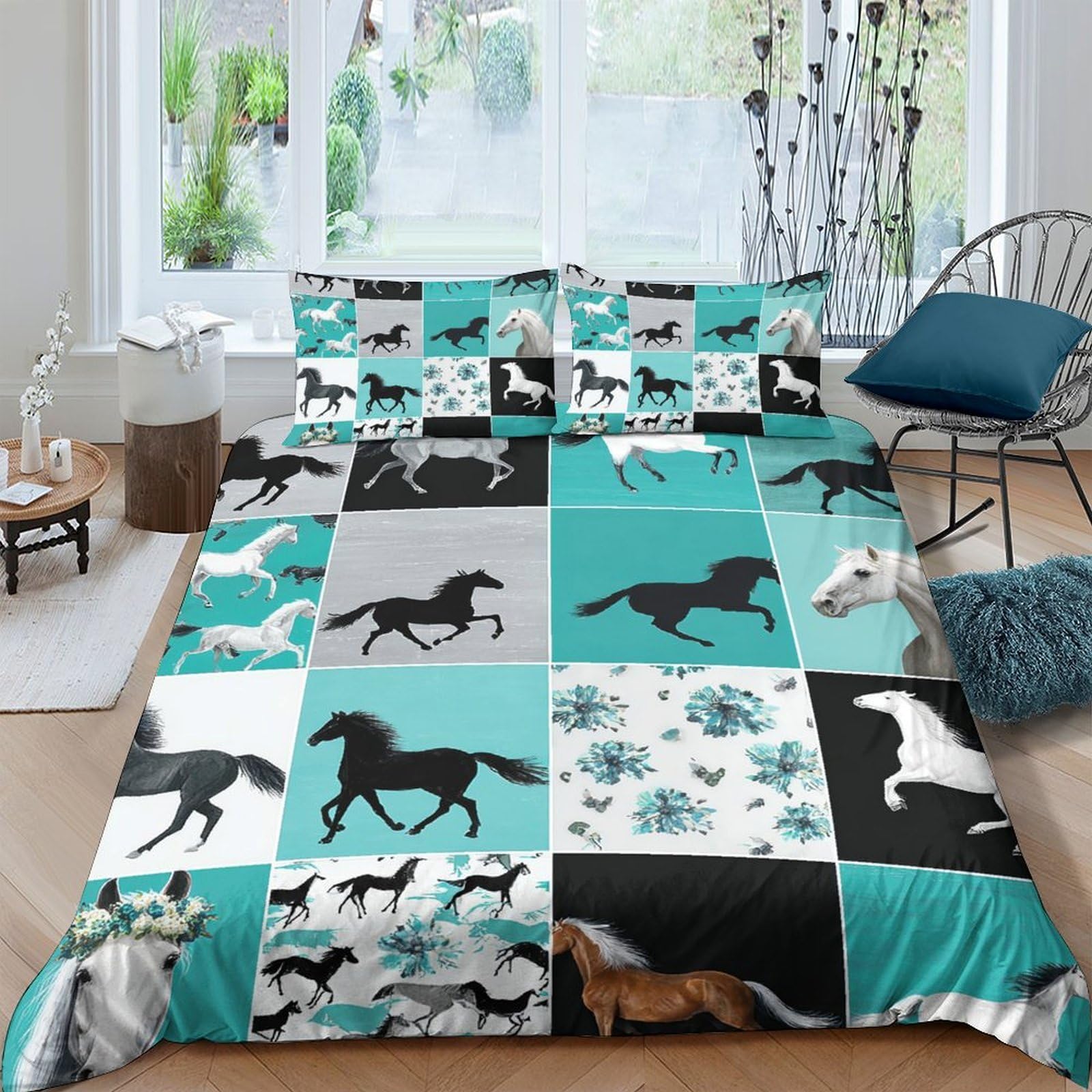 Ensemble literie doux imprimé chevaux avec housse couette 140x200 en microfibre