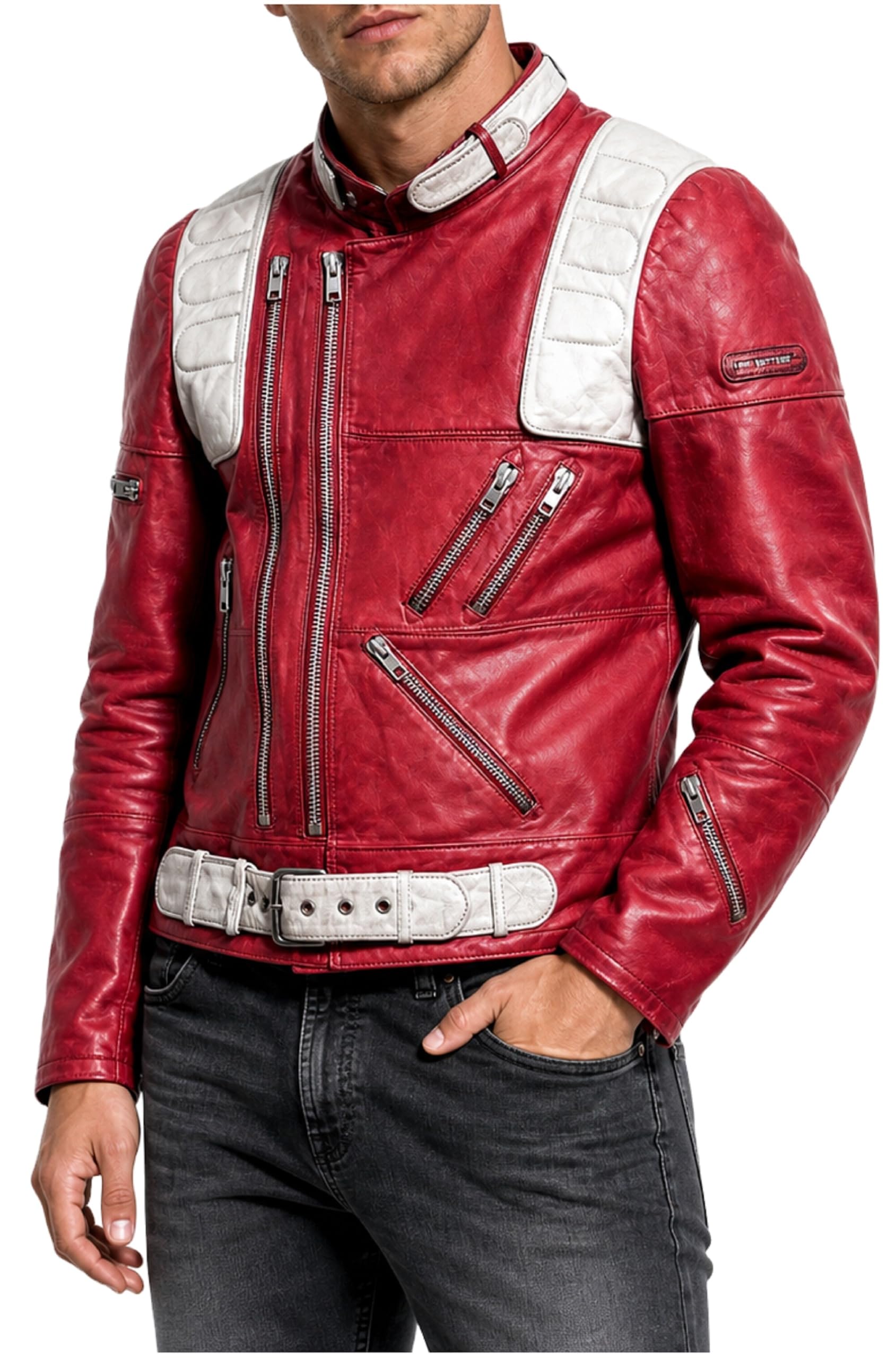 Chaqueta de motociclista de cuero rojo de estilo vintage, abrigo de motociclista Cafe Racer para hombre