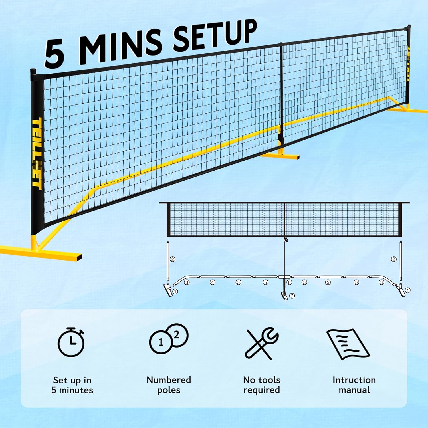 Teillnet Pickleball Net Set – 22FT Portable Net with Metal Holder & 4 Balls, Sturdy Steel Frame Ultra Stable Easy Setup & Carrying Bag 35.4"x7.5"x7.1", Weather-Resistant for Outdoor Indoor Driveway