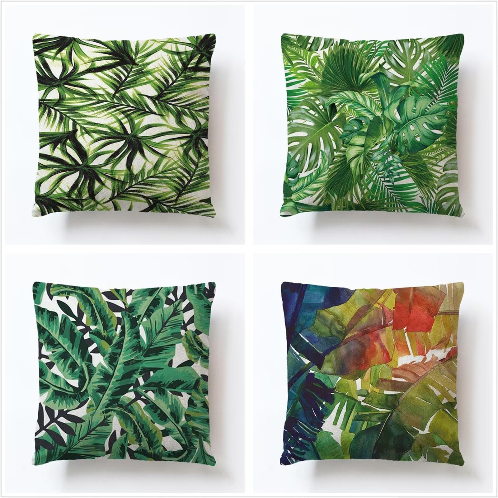 Juego de 4 Impermeable Funda de Cojín Hojas Verdes,45x45cm Moderno Suave Transpirables Lino Fundas de Almohada Cojines Decorativos con Cremallera Oculta para Exterior Sofá Cama Coche Hogar