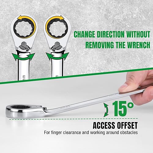 Miniatura 5 de SK Juego de llaves de trinquete reversibles, juego de llaves combinadas, 16 piezas, métricas, 72 dientes, construcción CR-V premium, con bolsa