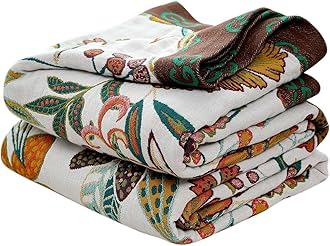 Boho Throw Blanket for Bed 100% Cotton Soft Breathable Quilt Floral Leaves Embroidery Home Decor Reversible Bed Blankets,60"×80" All Season Twin Blankets for Sofa Couch Chair