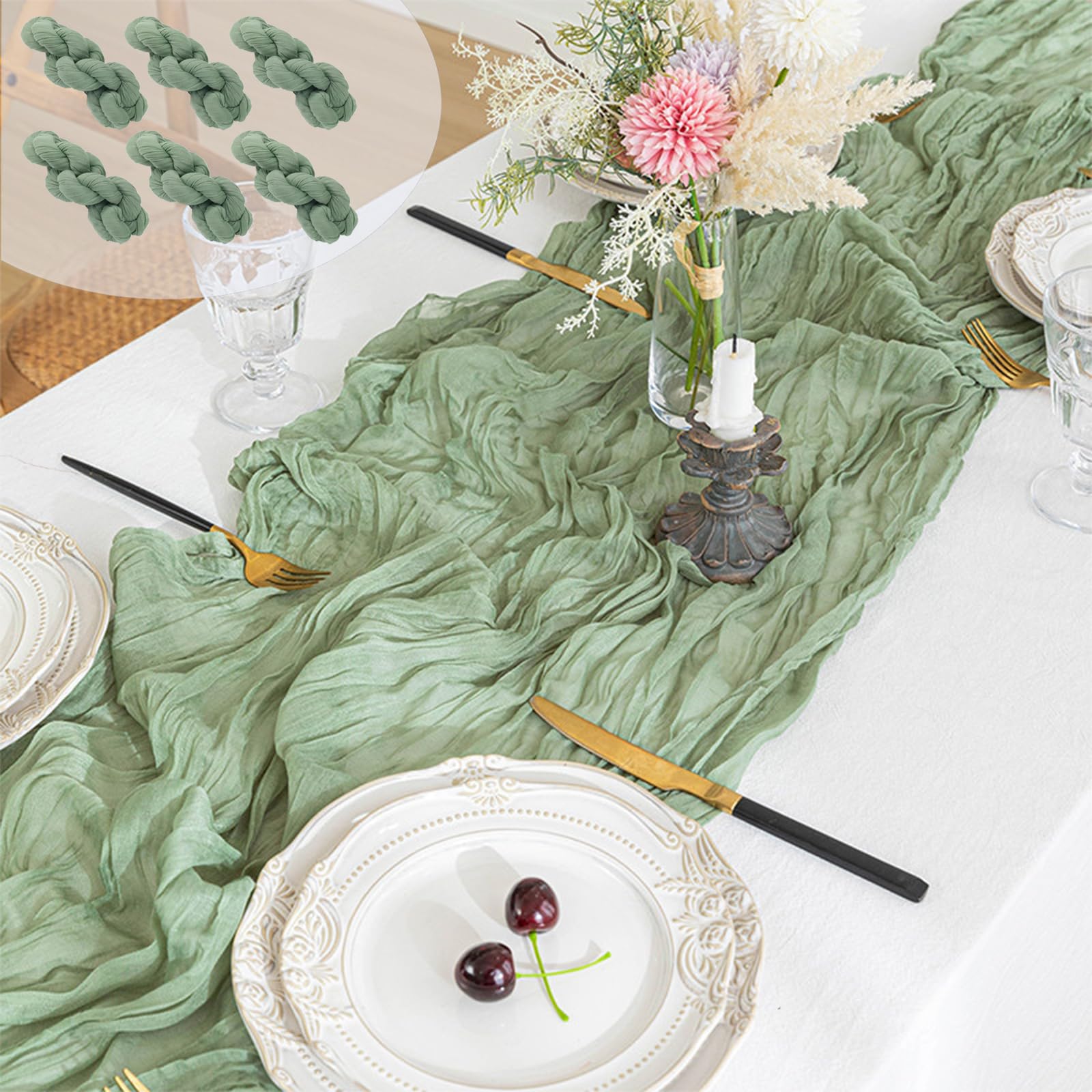 U-LIAN 6pack Sage Green Cheesecloth Table Runner 10ft Boho Gauze Cheese Cloth Table Runner 35x120 Inch Rustic Sheer Table Runner for Wedding Bridal Baby Shower Birthday Party Table Decoration