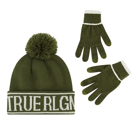 True Religion Beanie Hat and Touchscreen Glove Set, Cuffed Winter Knit Cap with Pom and Touch Screen Mittens