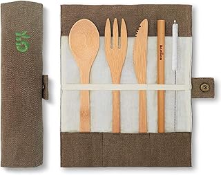 Bamboo Cutlery Set| Travel Cutlery Set | Eco Friendly Flatware Set | Knife, Fork, Spoon and Straw| Wooden Cutlery Set | Camping Cutlery Set with Travel Pouch | 20 cm | Olive | Bambaw
