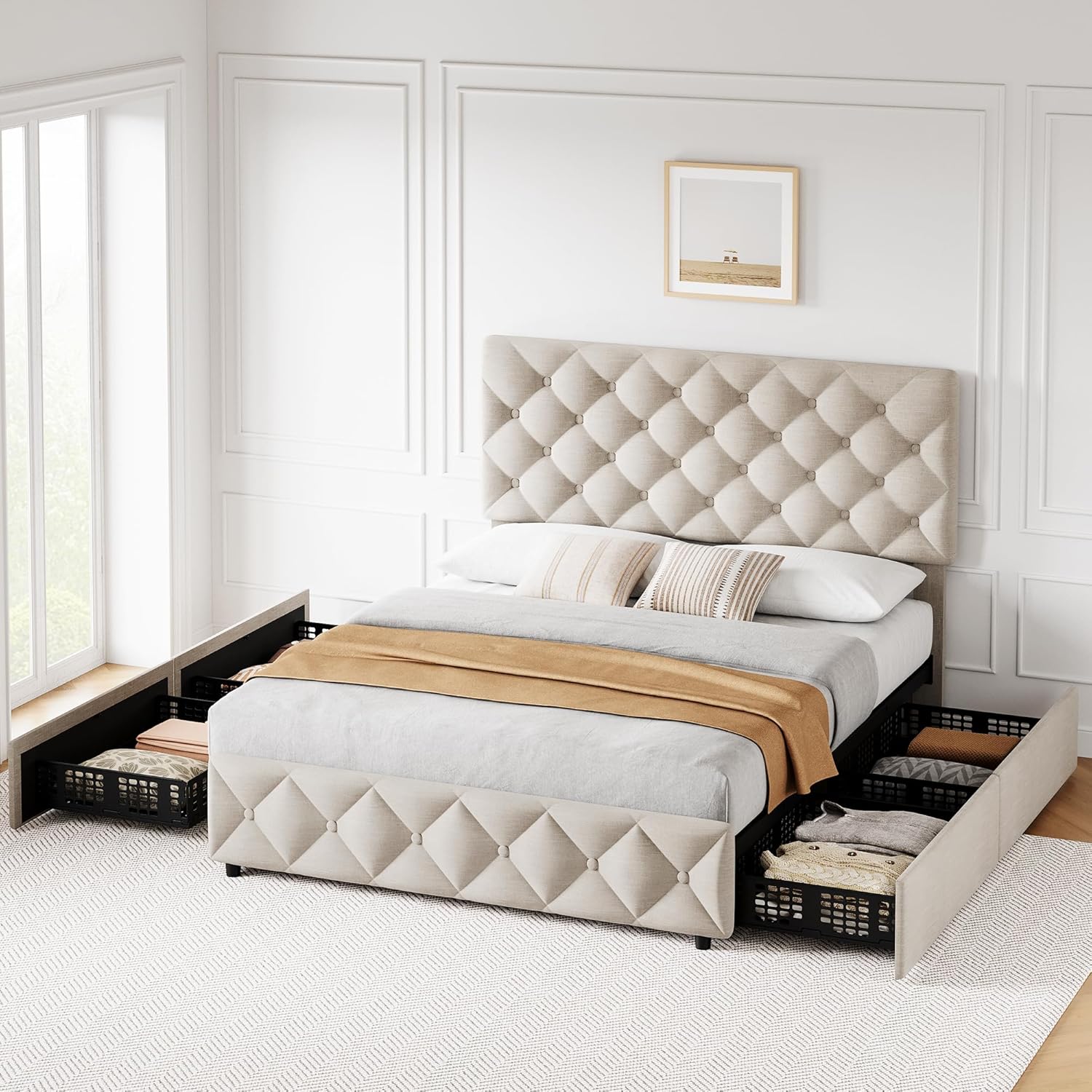 GAOMON Queen Bed Frame with dimensions and specifications