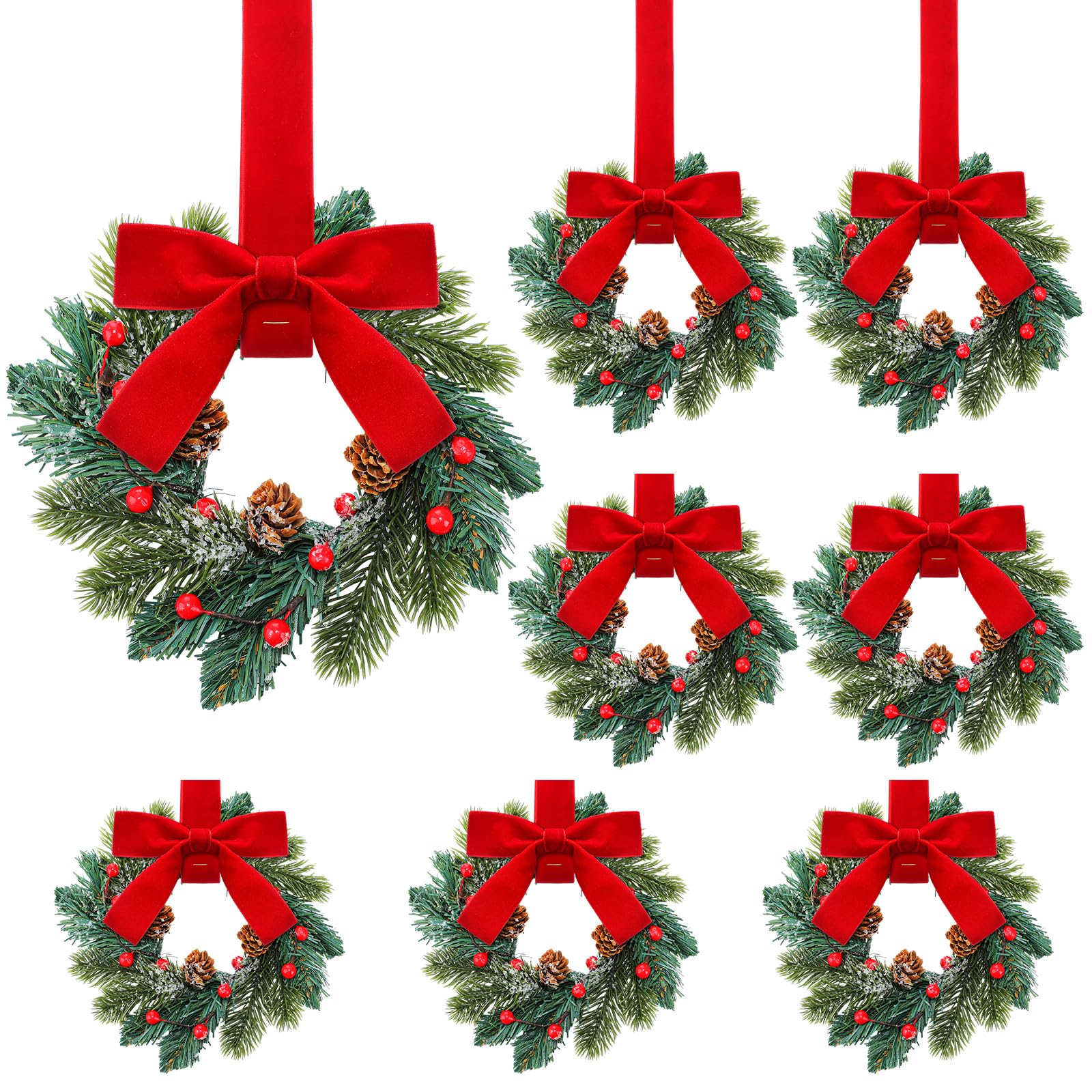 Knitgrip 8 Pcs Mini Christmas Kitchen Wreath with Red Bow Pine Cone Decor