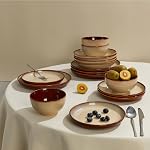 POKINI Dinnerware Set, 18 Pieces Stoneware Plates and Bowls Set, Handmade Reactive Glaze Dishes Set, Scratch Resistan Round Ceramic Dish Sets Service for 6, Dishwasher & Microwave Safe, Brown Yellow
