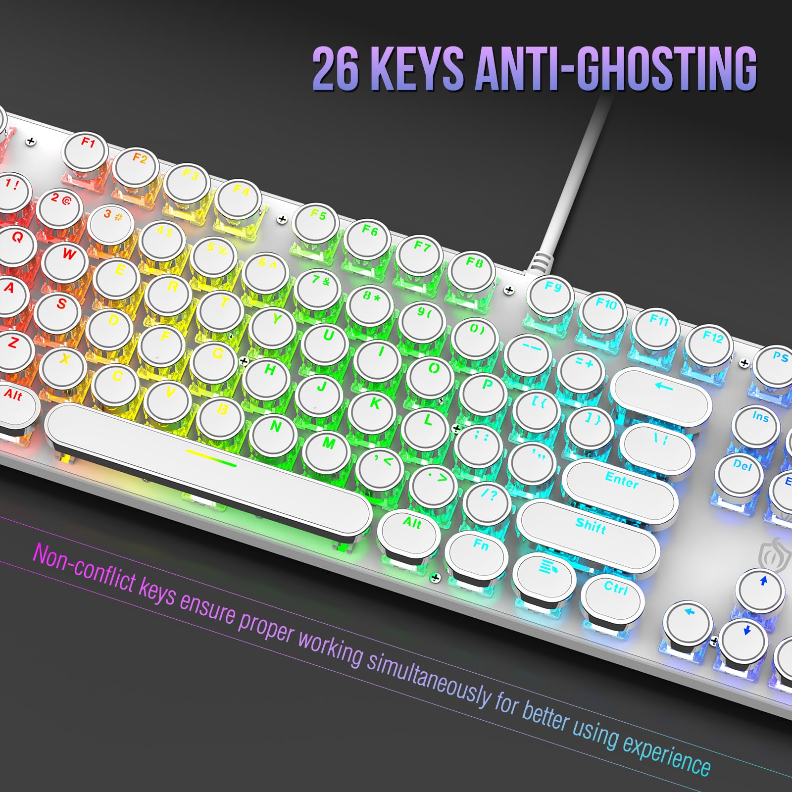 Mechaniczna klawiatura do gier z czerwonymi przełącznikami z podświetleniem RGB, 104 klawisze, okrągła nasadka klawiszy retro, przewodowa, styl maszyny do pisania, wygodny dźwięk pisania (biała RGB)