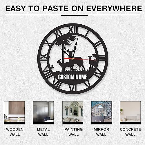Miniatura 5 de Reloj de pared de metal de ciervo personalizado, reloj de pared rústico negro con nombre, sin tictac, funciona con pilas, decoración de cabaña,