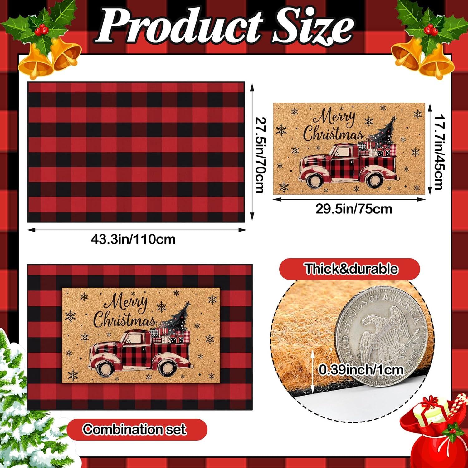 Fourluoo 2 Pcs Christmas Front Porch Rug Buffalo Plaid Christmas Door Mat Imitation Coco Coir Red Truck Xmas Welcome Layering Rug for Outdoor Winter Home Festival Holiday Decor, 28 x 43 Inch