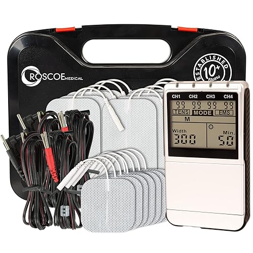 Roscoe Medical Unidad TENS y estimulador muscular EMS, 16 electrodos incluidos, máquina TENS OTC de 4 canales para aliviar el dolor de espalda,