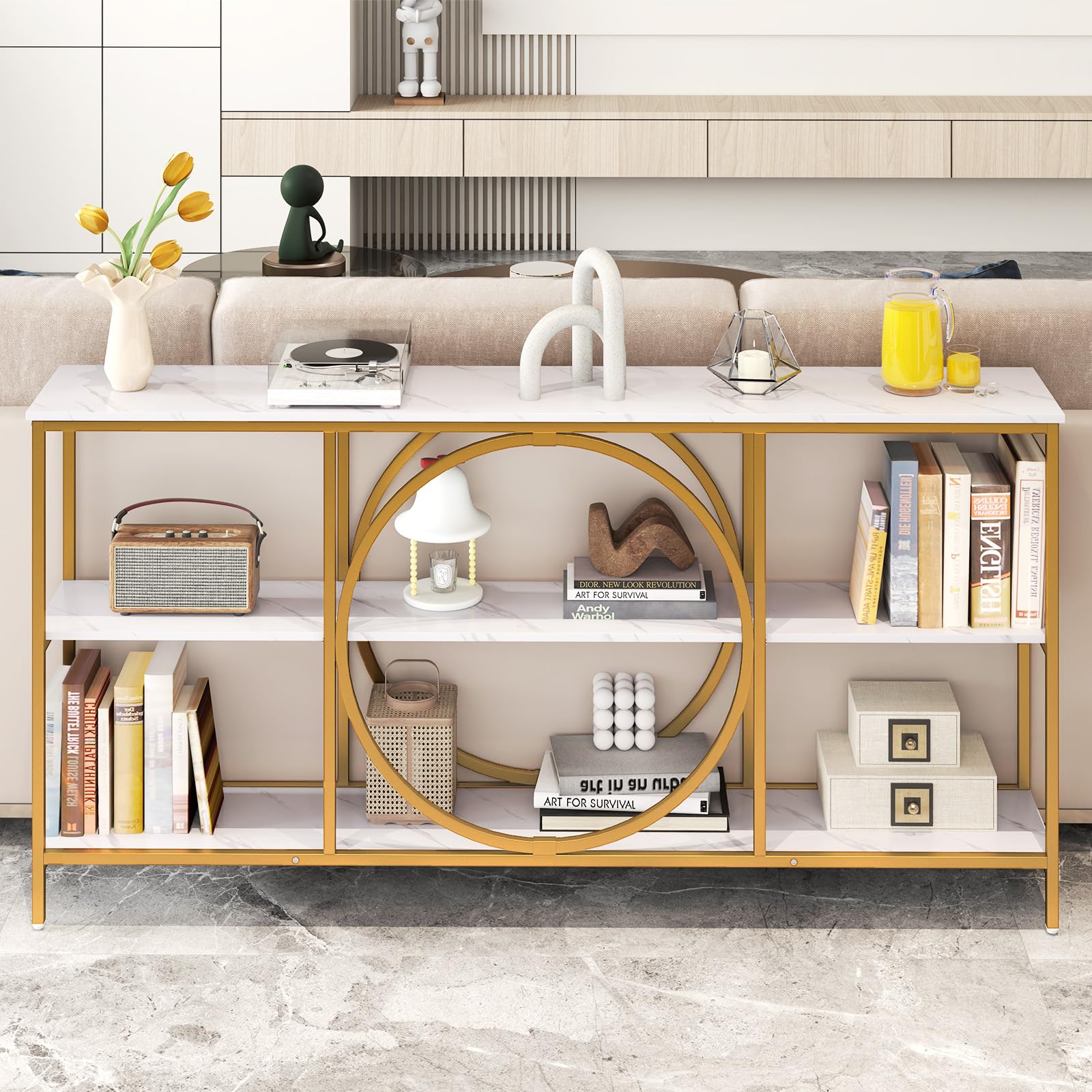 GIANTEX Tavolo consolle in marmo oro, tavolo d'ingresso, 180 x 30 x 90 cm, grande, tavolo da corridoio a 3 livelli con struttura in metallo, tavolino sottile, tavolino da divano, tavolo da soggiorno