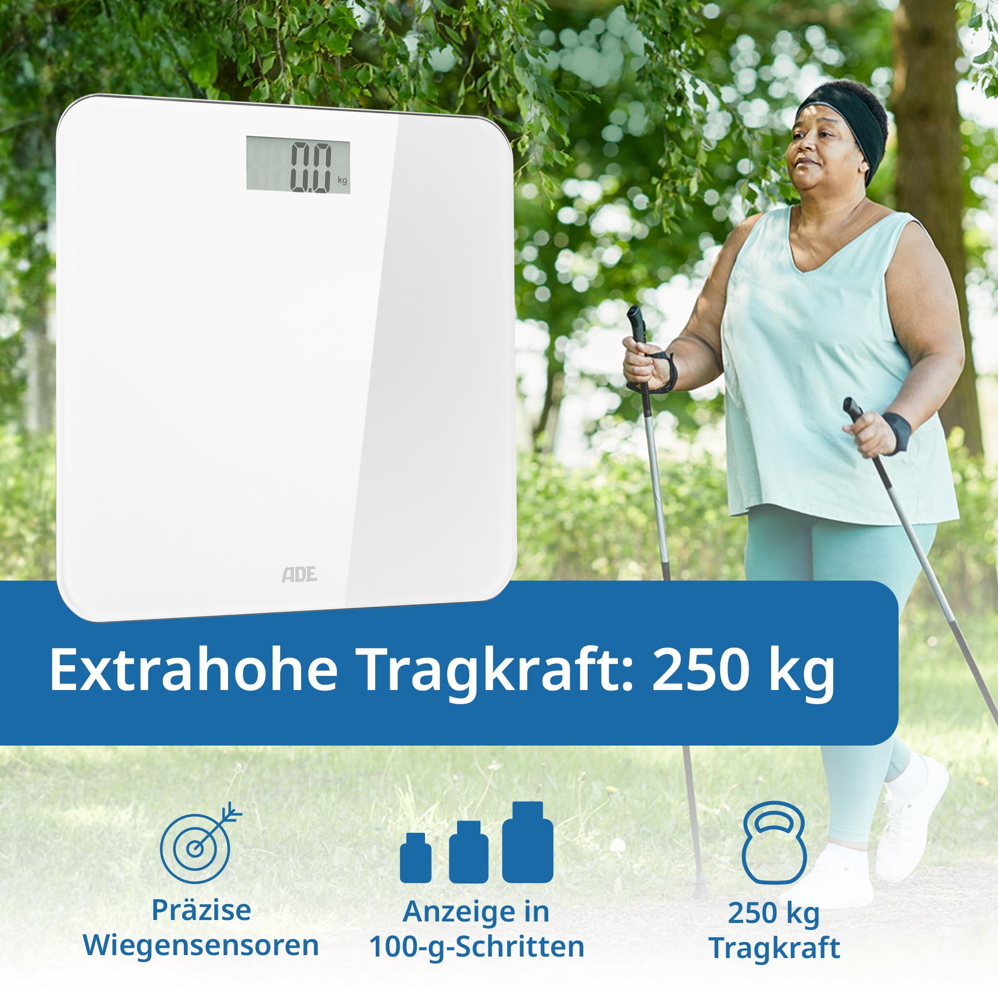 ADE Sprechende Personenwaage digital Deutsch | bis 250kg | Körperwaage mit Sprachausgabe in 5 Sprachen | sehr großes Display | ideal für Blinde, Sehbehinderte und Senioren