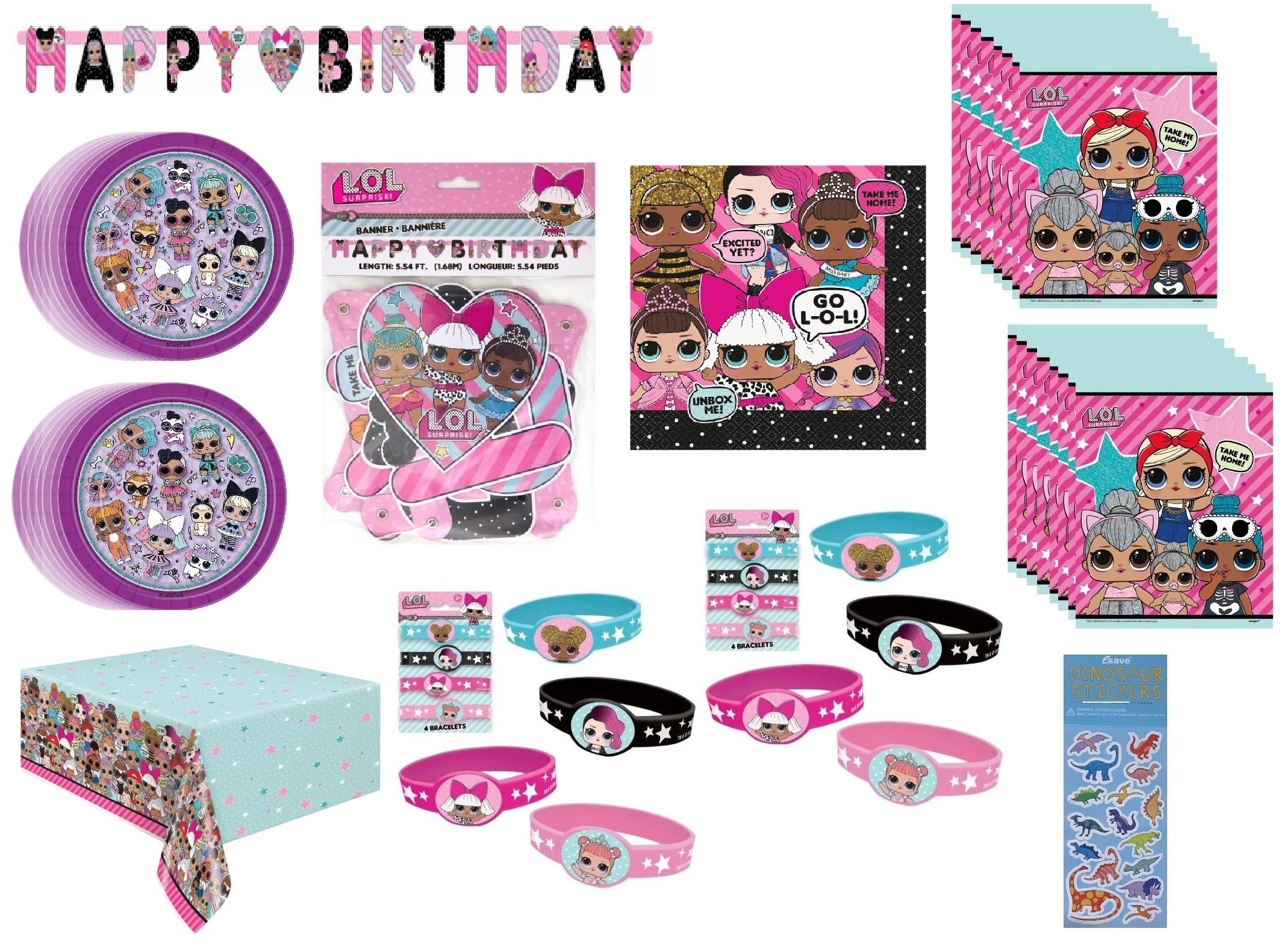 LOL Birthday Party Supplies Bundle includes 16 Dessert Plates, 16 Napkins, 1 Table Cover, 1 Happy Birthday Banner, 16 Loot Bags, 16 Bracelets, 1