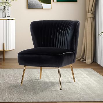 HULALA HOME Velvet Accent Chair, Modern Upholstered Cute Side Chair with Gold Metal Legs, Armless Wingback Slipper Chair Comfy Living Room Chair for Bedroom Guest Room Vanity,Black