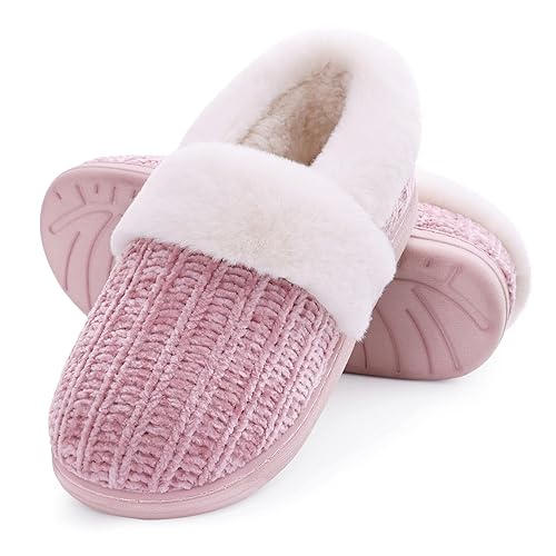 Evshine Women's Fuzzy Memory Foam Slippers, Closed Back Knit Bedroom Slippers, Slip-On Warm House Shoes for Indoor & Outdoor Comfort - 10-11 - Pink