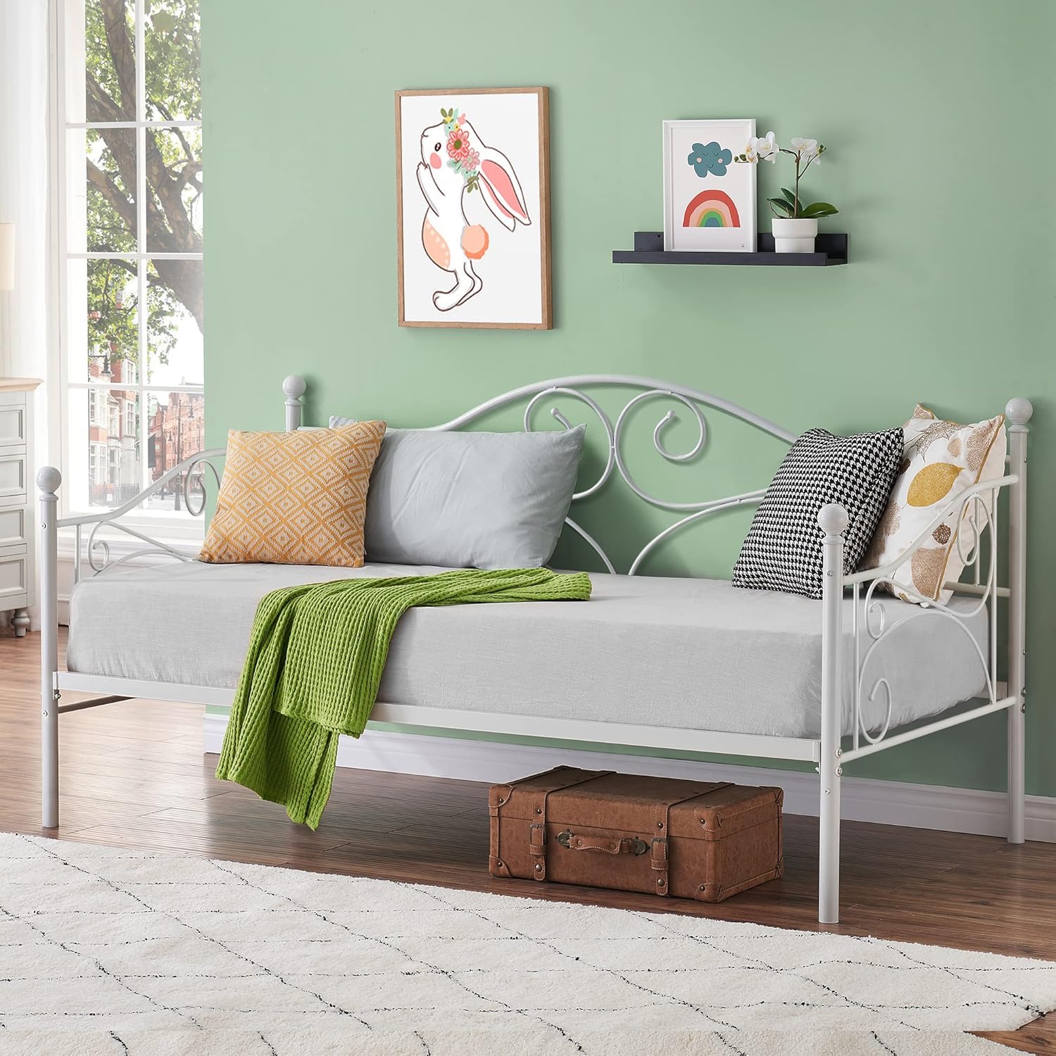 VECELO Daybed Frame Twin Size Metal Platform Sofa Bed with Headboard,Heavy Duty Steel Slats Support for Living Bedroom Guest Room, Easy Assembly,White