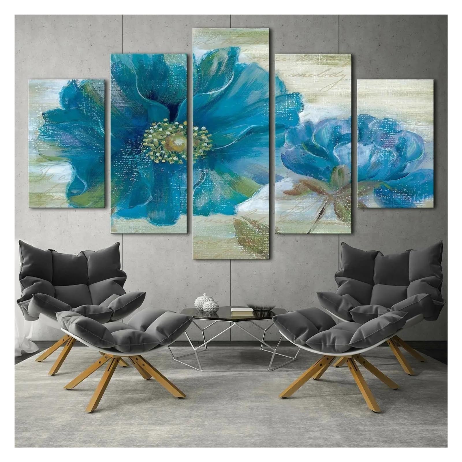 Peintures de fleurs bleues en toile 5 pièces pour habiller un grand mur vide de salon avec style