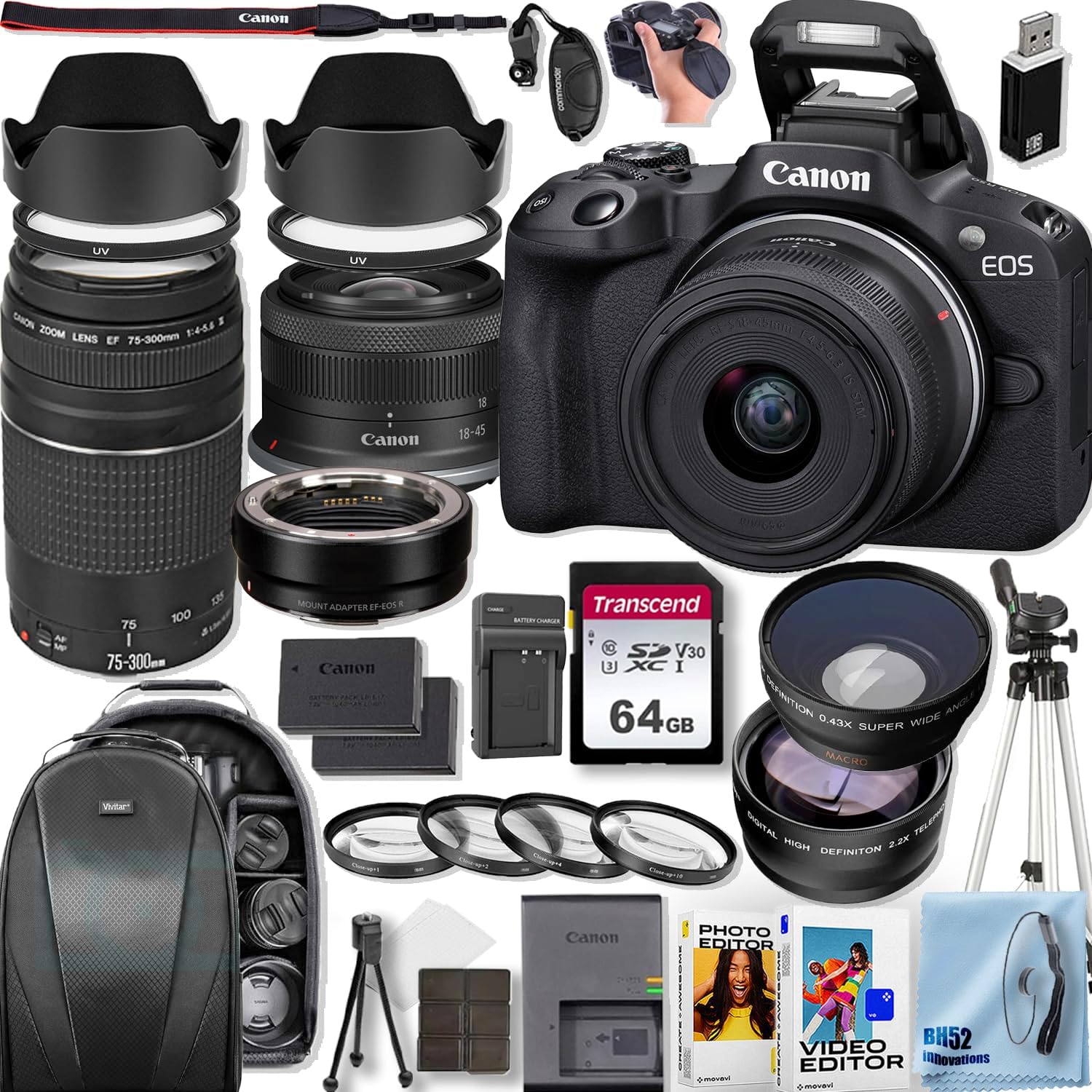 Canon EOS R50 Mirrorless Camera with Canon RF-S 18-45mm f/4.5-6.3 is STM and EF 75-300mm f/4-5.6III Lenses+Telephoto+Wide Angle Lenses+3pcs (UV/CPL/FLD) Filter Kit+Deluxe Accessory Bundle (Renewed)