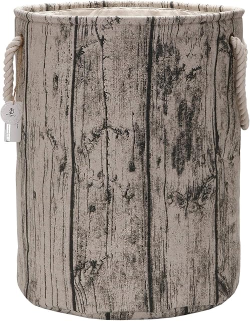 Sea Team 19.7" Large Size Stylish Tree Stump Wood Grain Canvas & Linen Fabric Laundry Hamper Storage Basket with Rope Handles, Birch