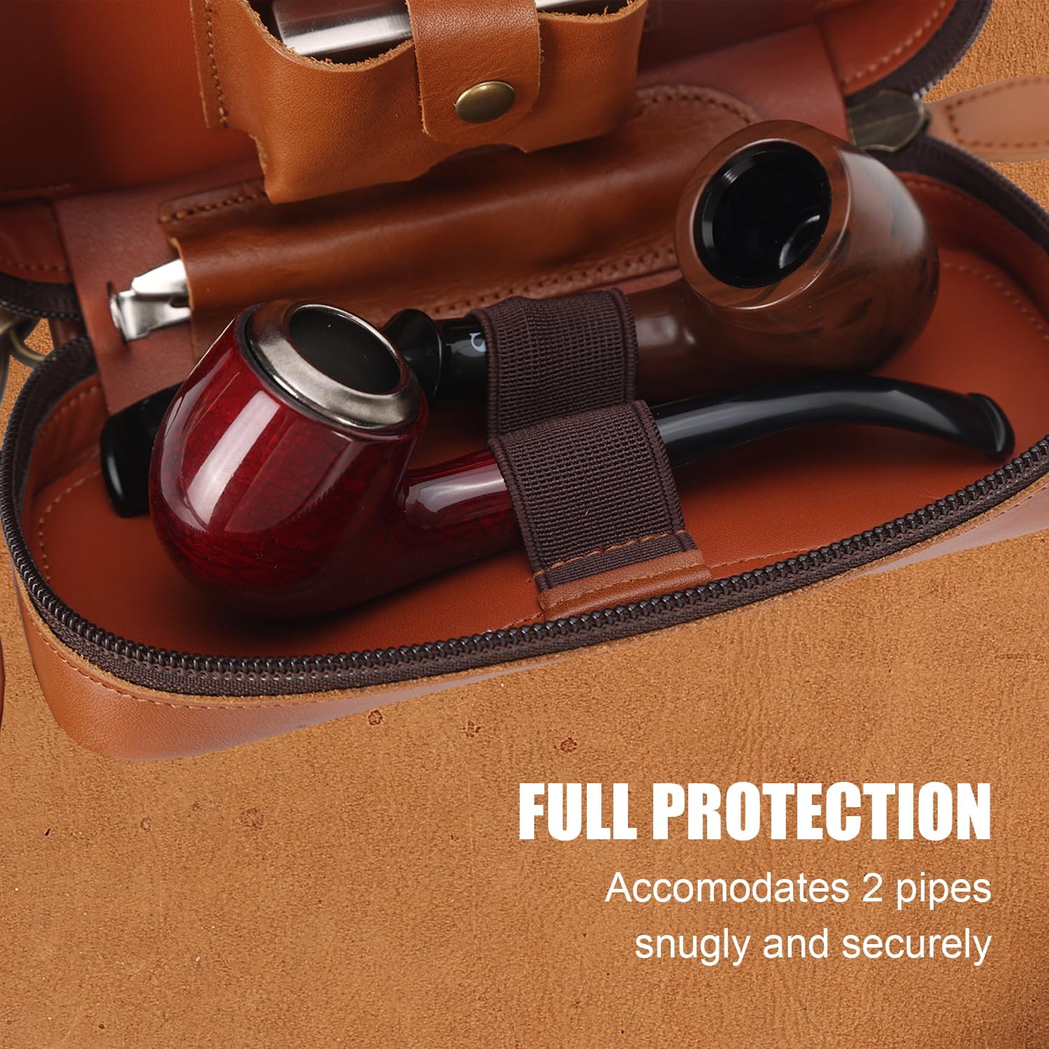 STAR VISTA Marco Premium Leather Pipe Bag, Tobacco Pouch with 2-Pipe Holder, Wristlet and Stand, Ombre Gold