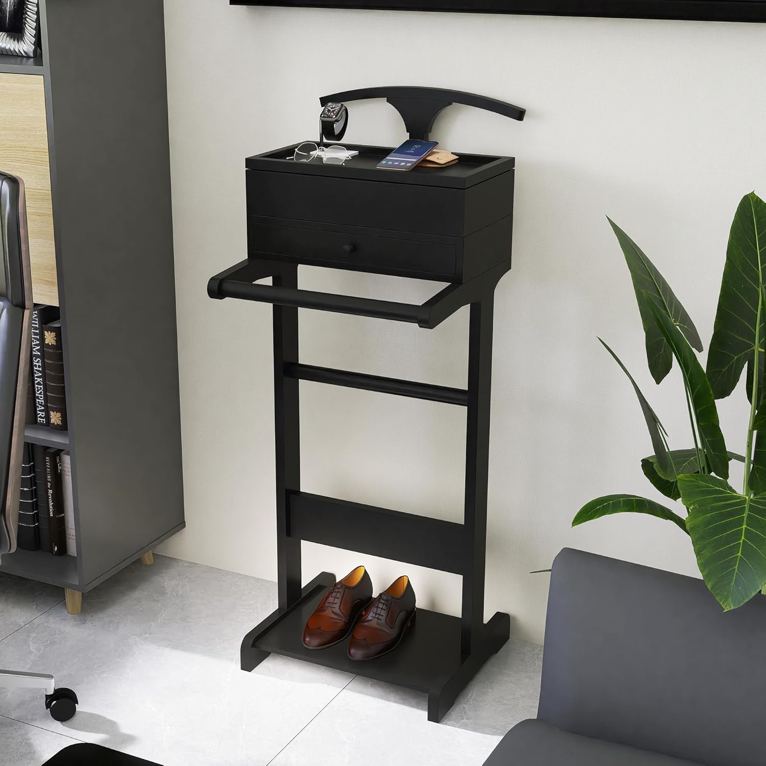 Wooden Valet Stand for Men, Clothing Rack with Drawer, Coat Hanger, Tray, Rods, Shoe Shelf, Women Garment Valet for Bedroom, Living Room, Office, Entryway, Black