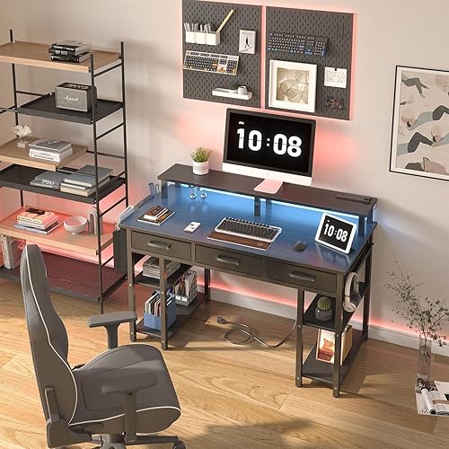 Miniatura 4 de Lufeiya Escritorio para juegos con luces LED y tomas de corriente, escritorio de oficina en casa de 47 pulgadas con soporte para monitor y estantes,