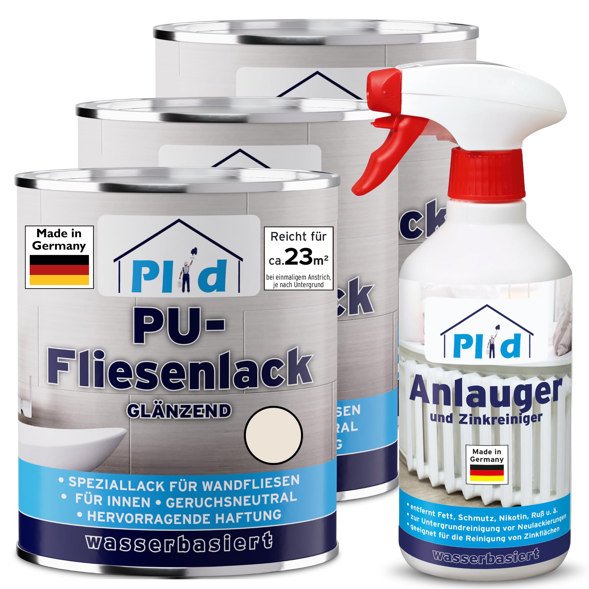 Plid® Fliesenfarbe Badezimmer & Küche [FEUCHTIGKEITSBESTÄNDIG] Fliesenlack Cremeweiß 2,25l fürs Bad - Fliesen neu streichen & lackieren im Innenbereich - 3in1 Fliesen Farbe Lack - Made in Germany Set