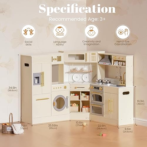 Miniatura 5 de ROBUD Juego de cocina de madera, cocina de esquina de juego de simulación, juego de cocina para niños con luces y sonidos, cocina de juguete