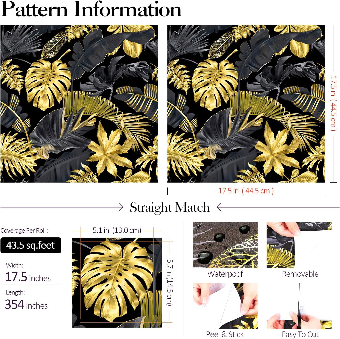 FunStick 17.5"x354" Tropical Palm Leaf Wallpaper Peel and Stick Wallpaper Black and Gold Leaf Wallpaper Self Adhesive Removable Leaf Wall Paper Roll Leaf Contact Paper for Cabinets Bedroom Wall Decor