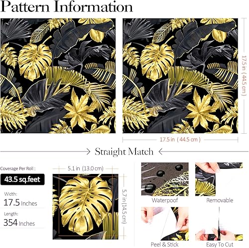 Miniatura 4 de FunStick Papel tapiz de hojas de palmera tropicales de 17.5 x 354 pulgadas, papel tapiz autoadhesivo con hojas negras y doradas, papel de contacto