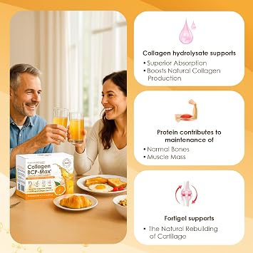 Rawleigh Collagen BCP-Max: 30 كيسًا مناسبًا للسفر - مركز لذيذ بنكهة البرتقال، 10000 مجم من ببتيدات الكولاجين من النوعين الأول والثالث المتحللة مائيًا، فيتامين C، لعضلات الشعر والبشرة والأظافر، خالي من الكائنات المعدلة وراثيًا